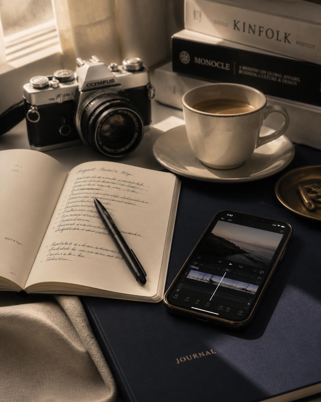 An editorial still life of a notebook, camera, coffee and phone ... a smarter way to stay visible